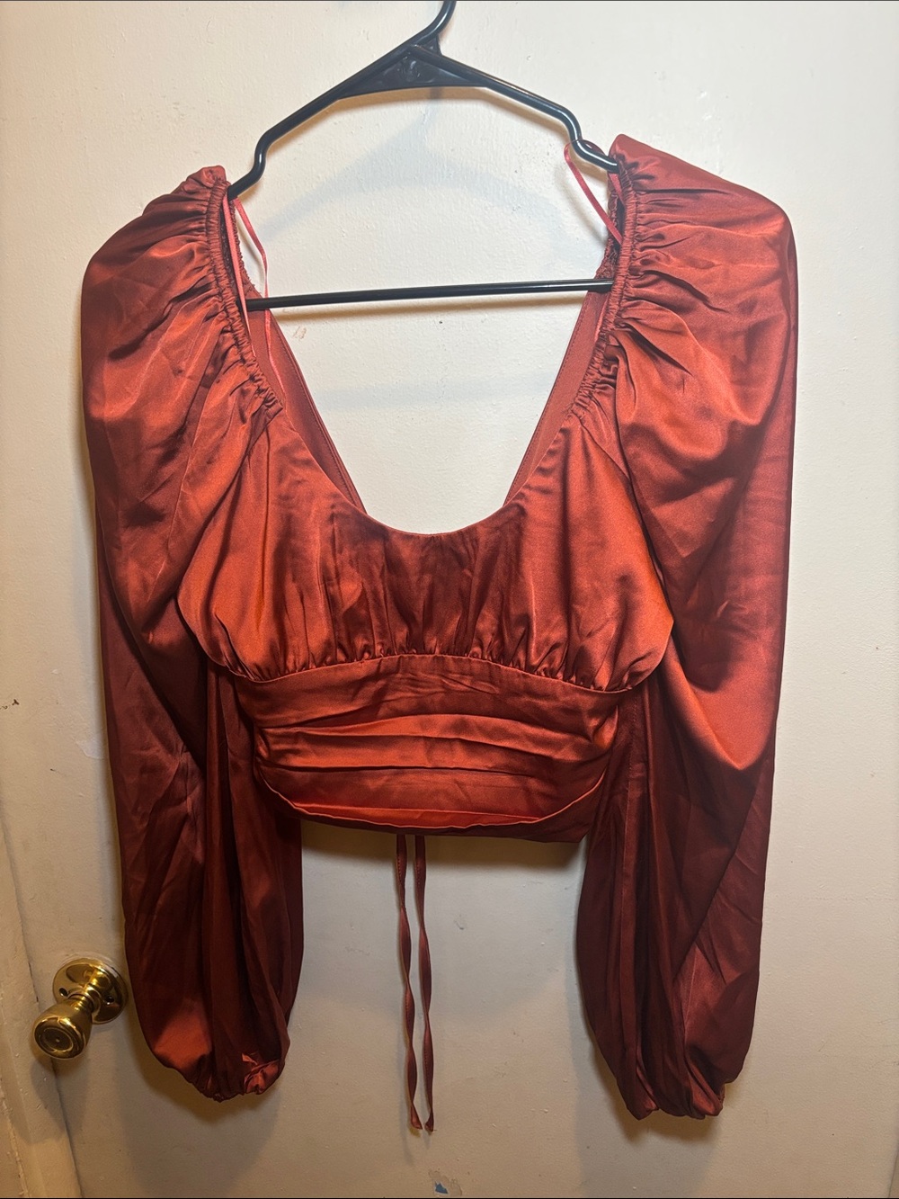 Fashion Nova Rust Satin Puff Sleeve Crop Blouse